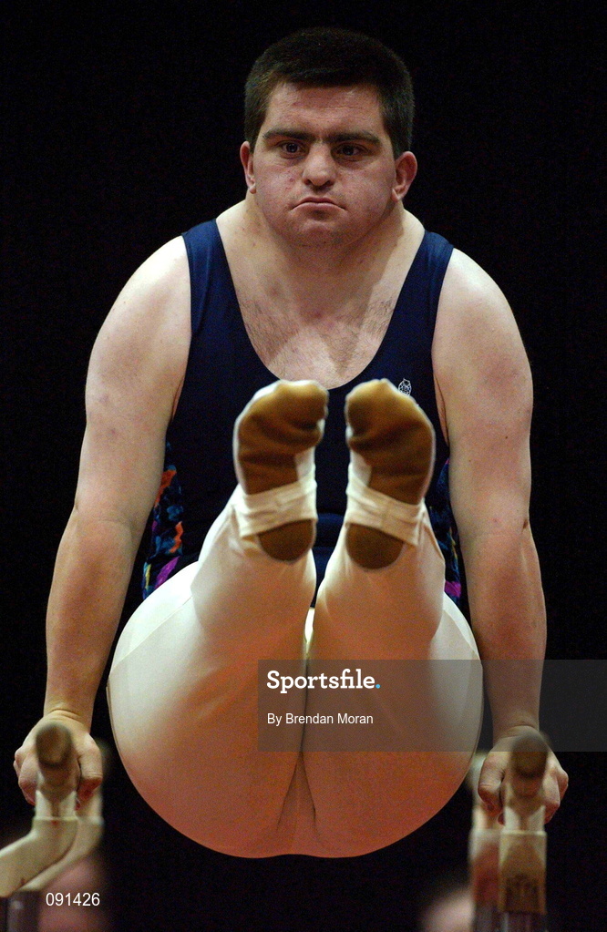 20 June 2002; Leinster's Matthew O'Neill performs on the Parallel Bars during the 2002 Special Olympics Ireland National Games at the RDS Dublin. Photo by Brendan Moran/Sportsfile