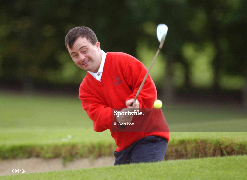 20 June 2002; John O'Keefe of Cork plays a shot from the bunker onto the first green during the 2002 Special Olympics Ireland National Games at Elm Green Golf Club in Castleknock, Dublin. Photo by Aoife Rice/Sportsfile