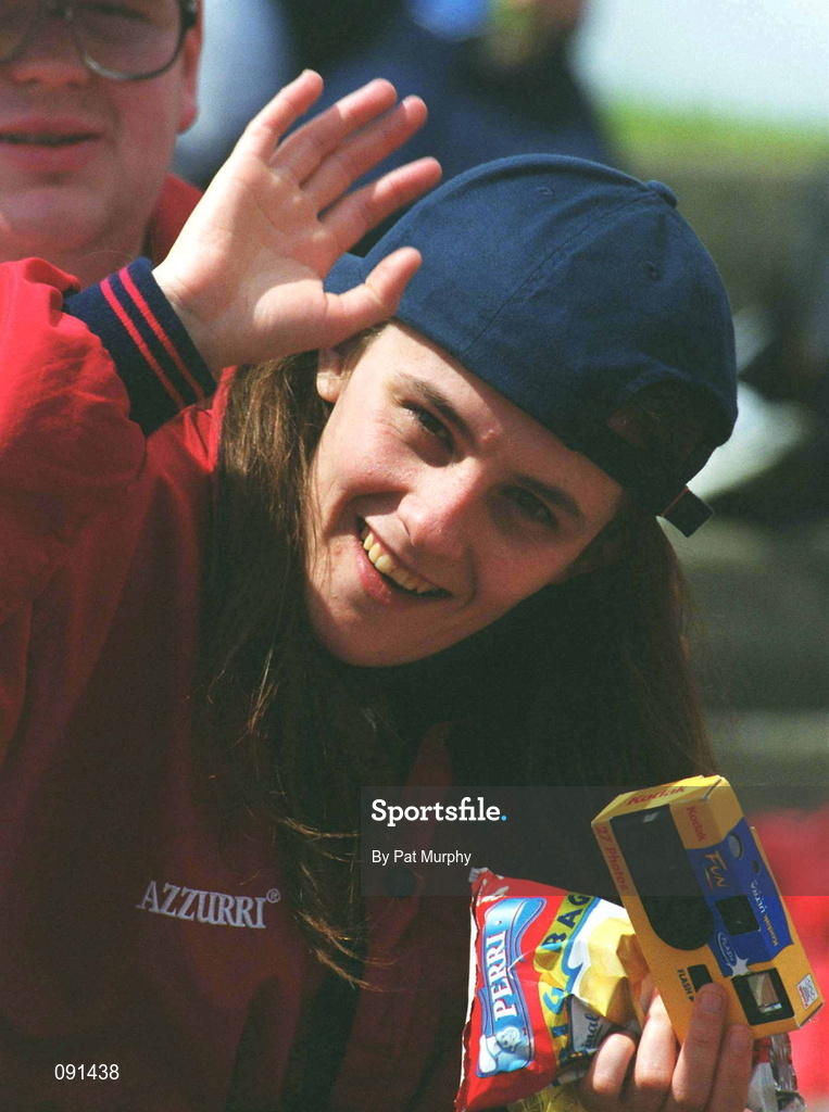 20 June 2002; Special Olympics athlete Donna Power of Waterford cheers on other participants at Morton Stadium in Santry, Dublin, during the 2002 Special Olympics Ireland National Games. Photo by Pat Murphy/Sportsfile