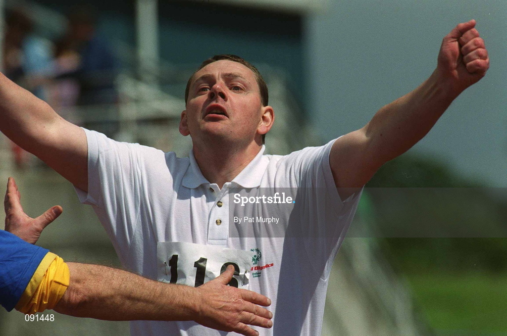 20 June 2002; Special Olympics athlete Michael Cummins celebrates as he crosses the line after winning the 200m Run, Division 110, Preliminary Round at Morton Stadium in Santry, Dublin, during the 2002 Special Olympics Ireland National Games. Photo by Pat Murphy/Sportsfile