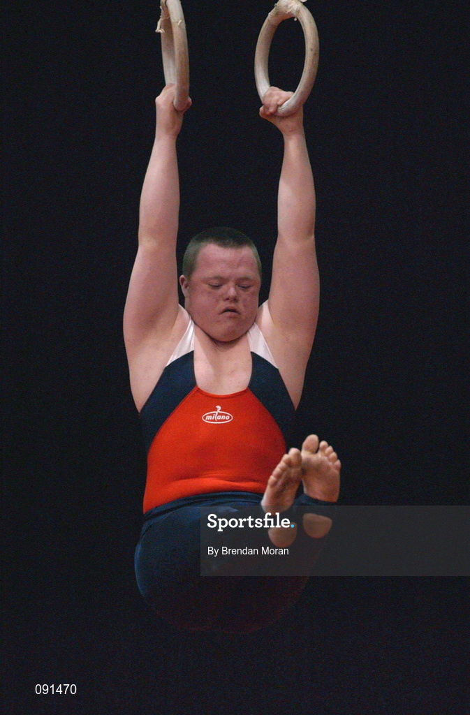 21 June 2002; Sean Nestor, from Ennis, Clare, representing Munster, performing his routine on the Rings during the 2002 Special Olympics Ireland National Games Gymnastic events at the RDS in Dublin. Photo by Brendan Moran/Sportsfile
