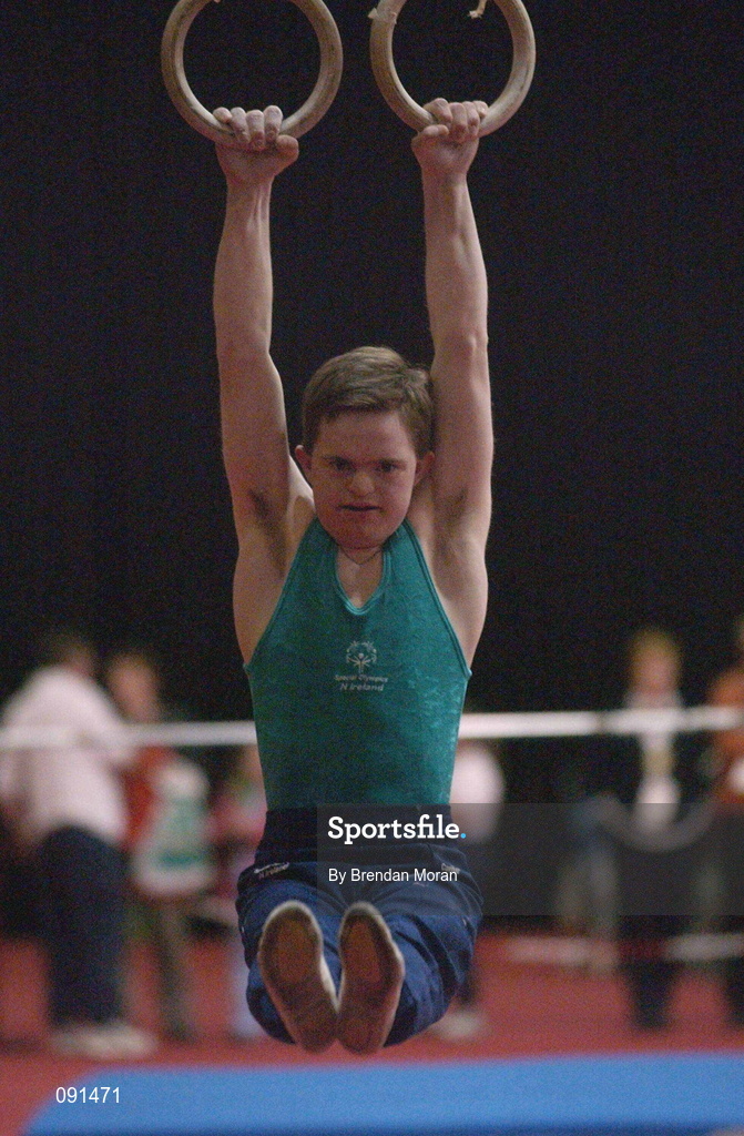 21 June 2002; Adam Morrison, from Belfast, perfroms his routine on the Rings during the 2002 Special Olympics Ireland National Games Gymnastic events at the RDS in Dublin. Photo by Brendan Moran/Sportsfile