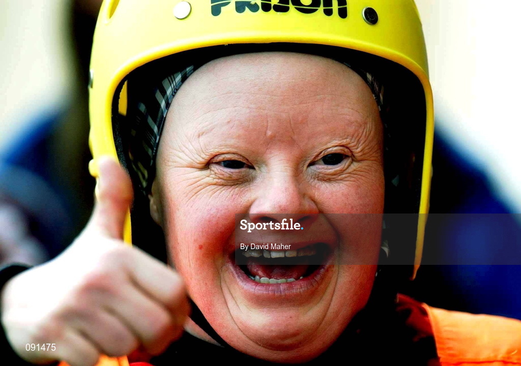 21 June 2002; Jill Kelly of Laoiscelebrates after finnishing second in the Division 4 Preliminary round of the 2002 Special Olympics Ireland National Games Kayaking at Salmon Leap Canoe Club in Leixlip, Kildare. Photo by David Maher/Sportsfile