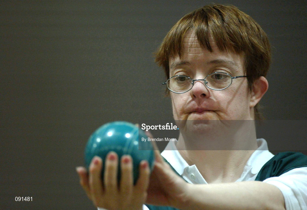 21 June 2002; Dympna Browne, from Belfast, concentrates on her shot during the 2002 Special Olympics Ireland National Games Bocce event at the RDS in Dublin. Photo by Brendan Moran/Sportsfile