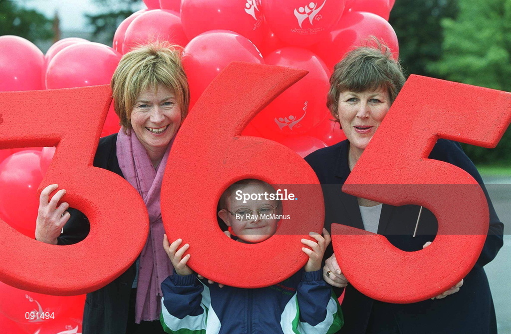 21 June 2002; Exactly one year from today the most momentous sporting event ever to be held in Ireland, the 2003 Special Olympics World Summer Games, will kick off in spectacular fashion with an exciting Opening Ceremony in Dublin's Croke Park. Our picture shows gymnast Ross Stewart aged 9 from Belfast, Mary Davis, CEO, Games Organising committee, 2003 Special Olympics World Games, left and Geraldine Kane, Sponsorships, Bank of Ireland, premier sponsors of the 2003 Special Olympics World Games, at the announcement of 365 days to go until the opening ceremony. Photo by Ray McManus/Sportsfile