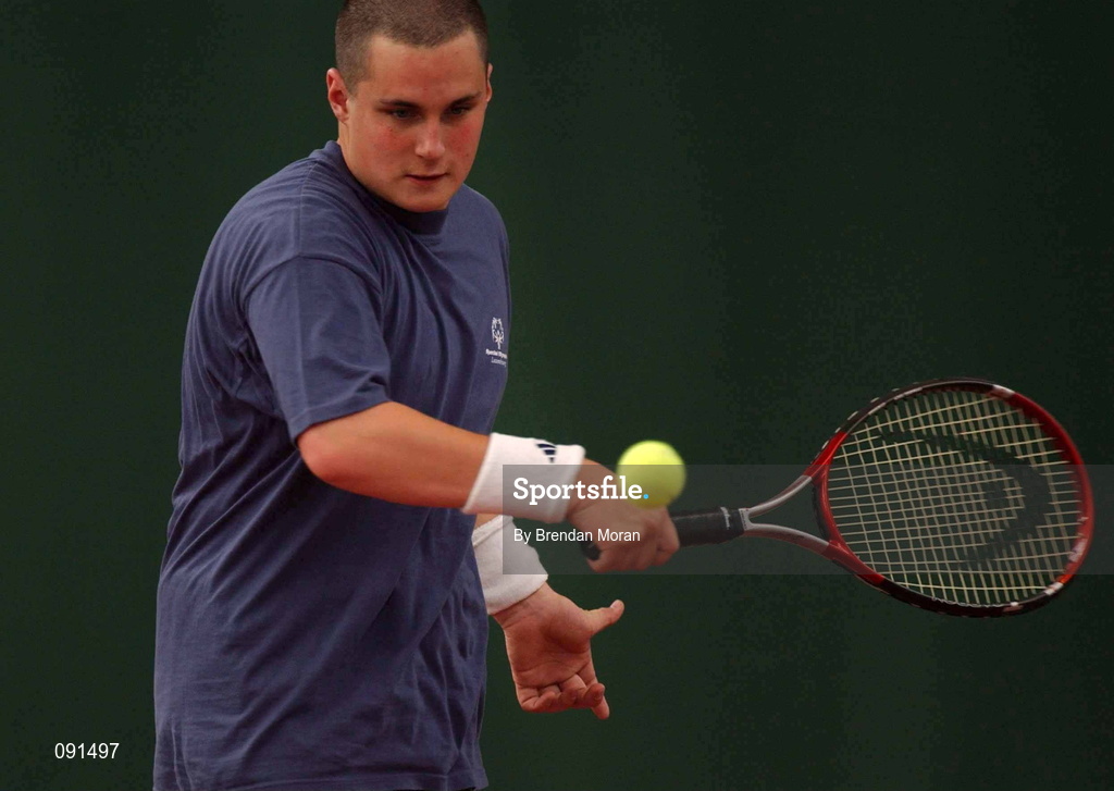 21 June 2002; Jeff Lazzarini of Luxembourg in action during the 2002 Special Olympics Ireland National Games Tennis Double semi-final event at Riverview Tennis Club in Clonskeagh, Dublin. Photo by Brendan Moran/Sportsfile