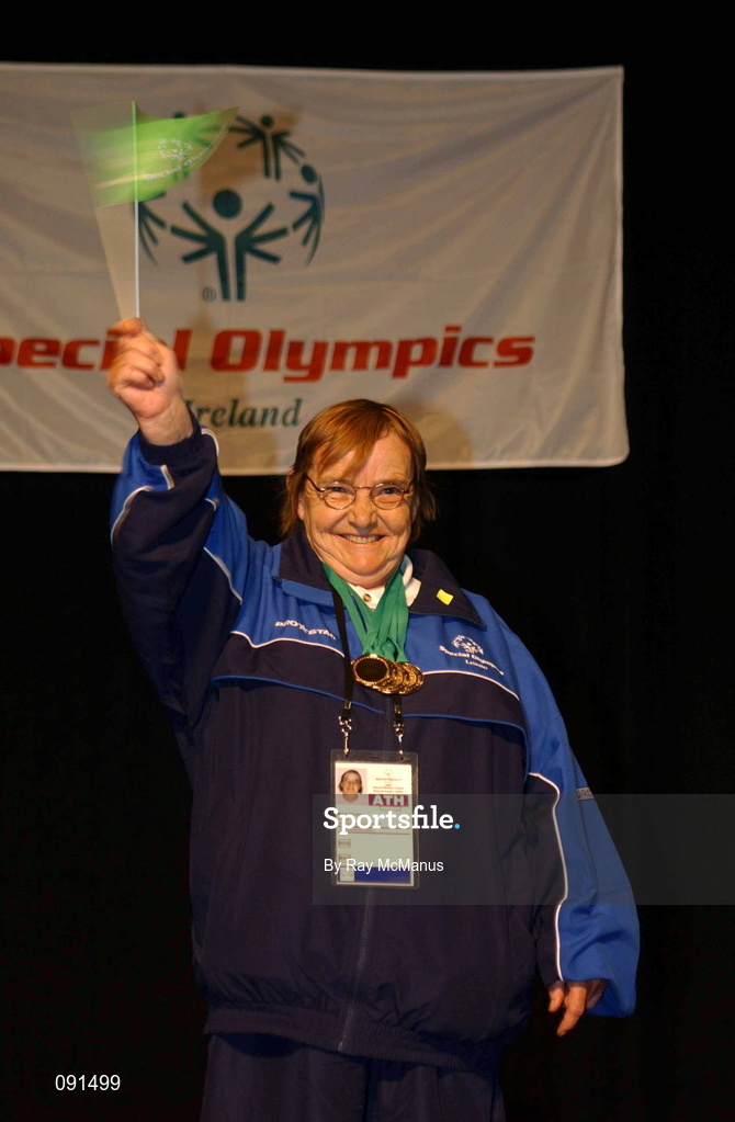 21 June 2002; Leinster's Mary O'Connor celebrates her Gold Medal following the 2002 Special Olympics Ireland National Games gymnastics events at the RDS in Dublin. Photo by Ray McManus/Sportsfile
