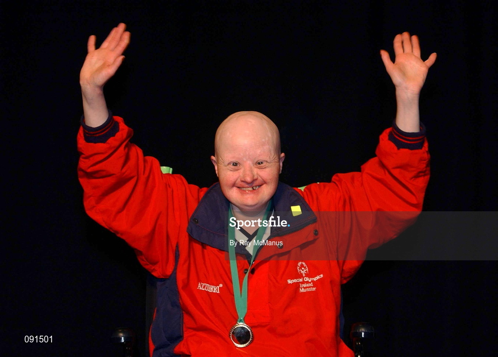 21 June 2002; Munster's Geraldine Harty, from Knocklong, Co. Limerick, celebrates her Gold Medal following the 2002 Special Olympics Ireland National Games gymnastics events at the RDS in Dublin. Photo by Ray McManus/Sportsfile