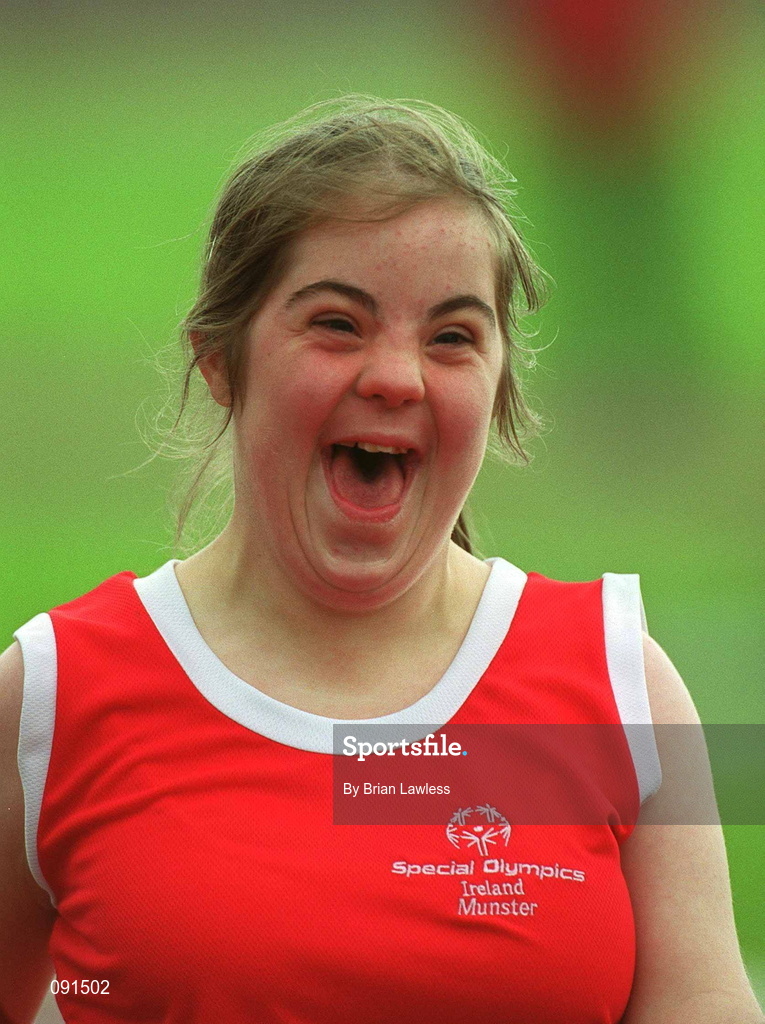 21 June 2002; Special Olympics athlete Mary Irwin, from Limerick, shows her delight at finishing a 50m Run during the 2002 Special Olympics Ireland National Games at Morton Stadium in Santry, Dublin. Photo by Brian Lawless/Sportsfile