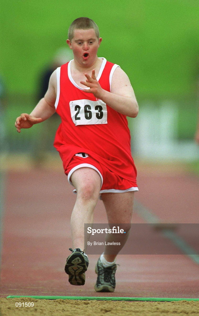 21 June 2002; Special Olympics athlete Gerard Heffernan, from Limerick, competes in the Long Jump preliminary round during the 2002 Special Olympics Ireland National Games at Morton Stadium in Santry, Dublin. Photo by Brian Lawless/Sportsfile