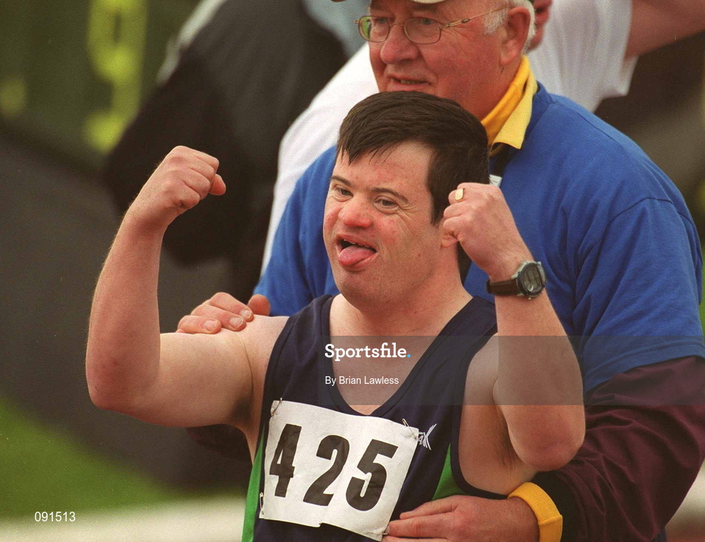 21 June 2002; Special Olympics athlete Philip Warine, from Antrim, shows his delight after winning his 50m Run preliminary round during the 2002 Special Olympics Ireland National Games at Morton Stadium in Santry, Dublin. Photo by Brian Lawless/Sportsfile