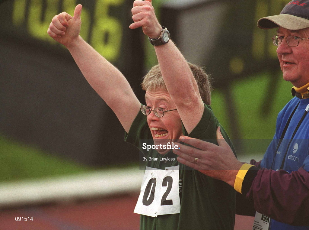 21 June 2002; Special Olympics athlete Hugh Conway, from Mayo, shows his delight after winning his 50m Run preliminary round during the 2002 Special Olympics Ireland National Games at Morton Stadium in Santry, Dublin. Photo by Brian Lawless/Sportsfile