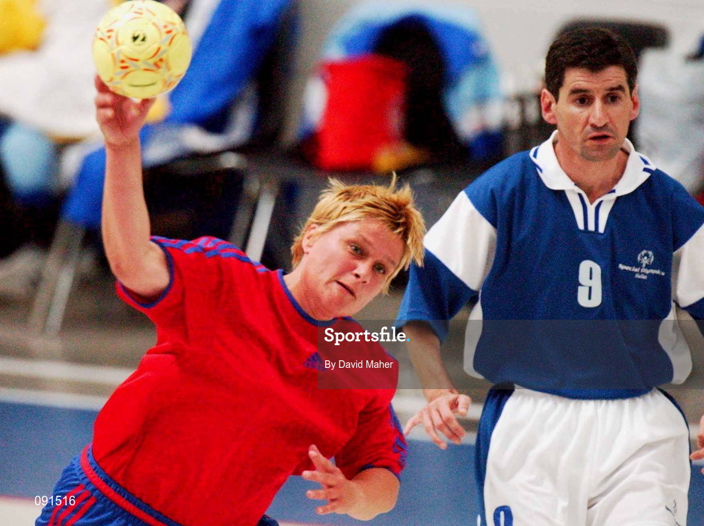 21 June 2002; Inger Sveen of Norway in action against Evangelos Hazitrtzoglou of Greece during their 2002 Special Olympics Ireland National Games Handball match at the National Show Centre in Swords, Dublin. Photo by David Maher/Sportsfile