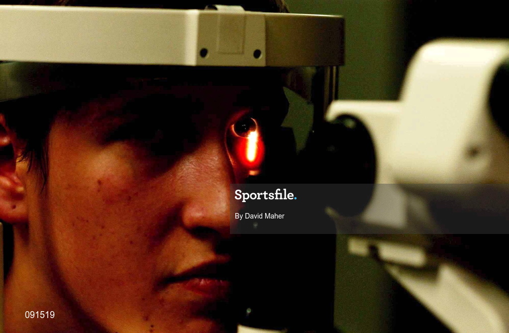 21 June 2002; Chloe Demetriades of Cyprus has her eyes tested by a Slit Lamp examination during the Special Olympics Healthy Athletics programme of examinations at the Dublin City Univeristy during the 2002 Special Olympics Ireland National Games. Photo by David Maher/Sportsfile