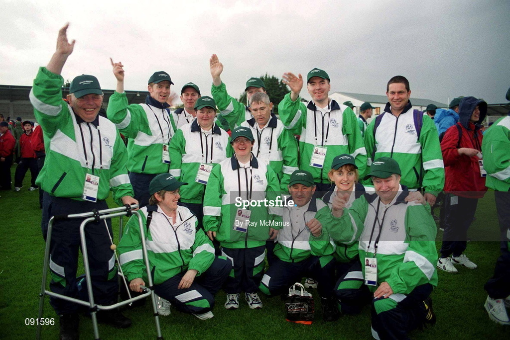 19 June 2002; Special Olympians and coaches from çras Attracta, Swinford, Mayo, during the 2002 Special Olympics Ireland National Games opening ceremony at Parnell Park in Dublin. Photo by Ray McManus/Sportsfile