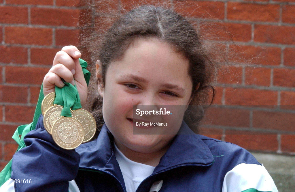 23 June 2002; Pauline Connell, from Lisburn, Antrim, a winner of 5 Gold medals, pictured at the 2002 Special Olympics Ireland National Games closing ceremony at the RDS in Dublin. Photo by Ray McManus/Sportsfile