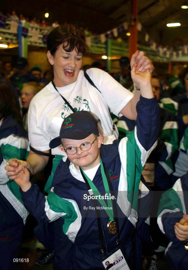 23 June 2002; Special Olympian John Campbell during the 2002 Special Olympics Ireland National Games closing ceremony at the RDS in Dublin. Photo by Ray McManus/Sportsfile