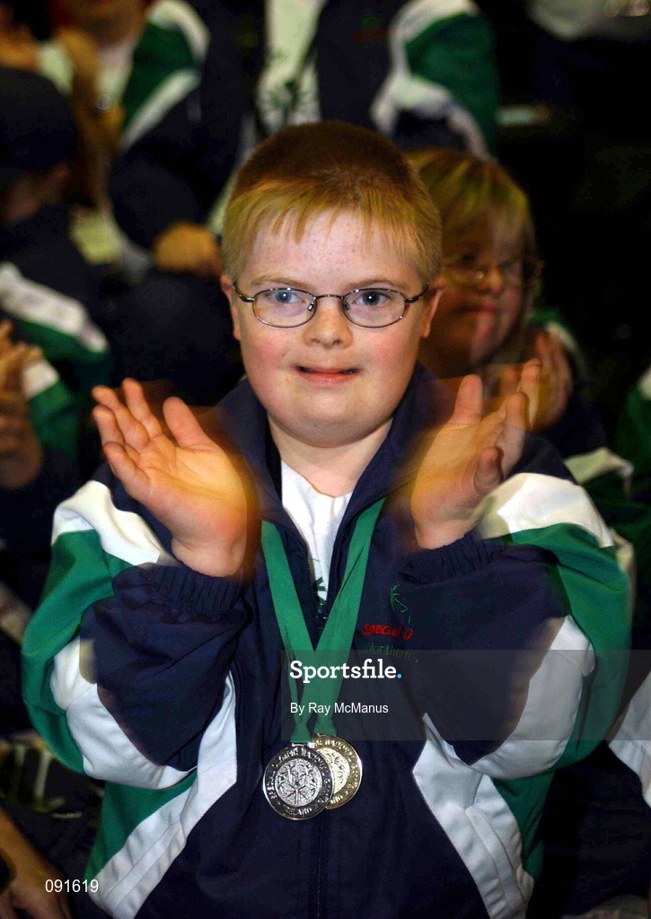 23 June 2002; Eleven year old David Clarke, from Belfast, during the 2002 Special Olympics Ireland National Games closing ceremony at the RDS in Dublin. Photo by Ray McManus/Sportsfile