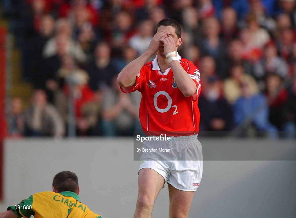 23 June 2002; Cork's Fionan Murray reacts after missing a chance on goal during the Bank of Ireland Munster Senior Football Championship Semi-Final Replay match between Cork and Kerry at Páirc U’ Chaoimh in Cork. Photo by Brendan Moran/Sportsfile
