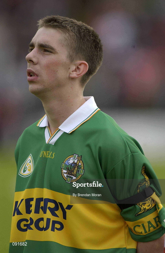 23 June 2002; Kerry's Marc î SŽ stands for a minutes silence in memory of his late father Michael, who died earlier this week, during the Bank of Ireland Munster Senior Football Championship Semi-Final Replay match between Cork and Kerry at Páirc U’ Chaoimh in Cork. Photo by Brendan Moran/Sportsfile