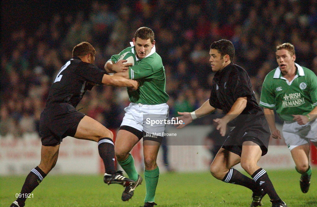 13 November 2001; Jason Holland of Ireland 'A' is tackled by Pita Alatini, left, and David Hill of New Zealand during the 2001 New Zealand Tour of Ireland match between Ireland 'A' and New Zealand at Ravenhill Stadium in Belfast. Photo by Matt Browne/Sportsfile