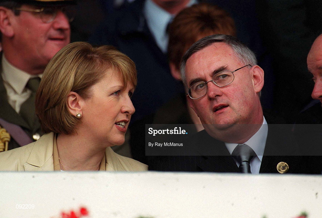 30 June 2002; President of Ireland Mary McAleese in conversation with Munster Council Chairman Christy Cooney during the Guinness Munster Senior Hurling Championship Final match between Waterford and Tipperary at Páirc Uí Chaoimh in Cork. Photo by Ray McManus/Sportsfile