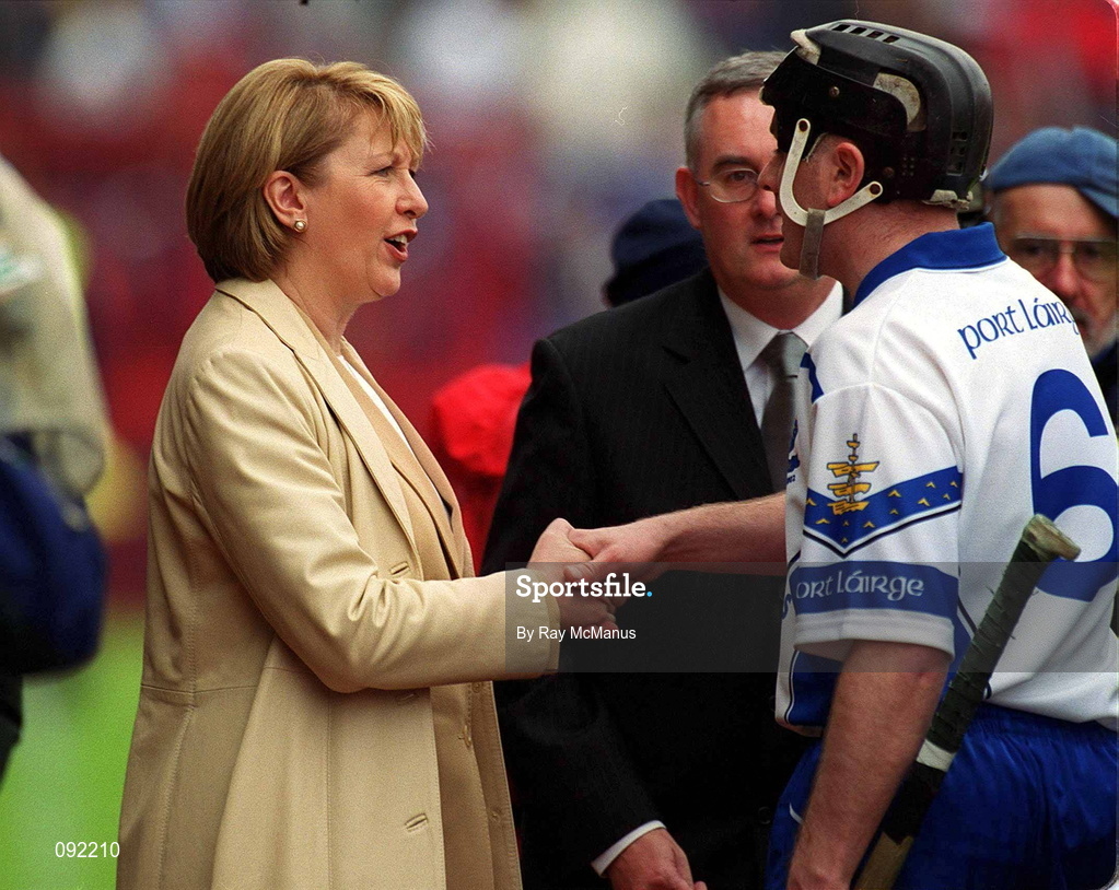 30 June 2002; President of Ireland Mary McAleese is introduced to Waterford Captain Fergal Hartley during the Guinness Munster Senior Hurling Championship Final match between Waterford and Tipperary at Páirc Uí Chaoimh in Cork. Photo by Ray McManus/Sportsfile