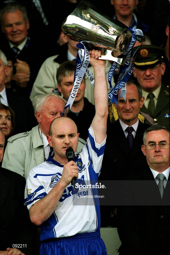 30 June 2002; Waterford captain Fergal Hartley makes his speech following his side's victory during the Guinness Munster Senior Hurling Championship Final match between Waterford and Tipperary at Páirc Uí Chaoimh in Cork. Photo by Brendan Moran/Sportsfile
