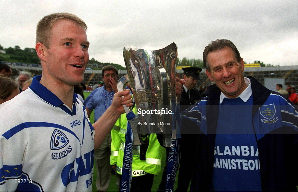 30 June 2002; Waterford manager Justin McCarthy, right, and Brian Flannery following their side's victory during the Guinness Munster Senior Hurling Championship Final match between Waterford and Tipperary at Páirc Uí Chaoimh in Cork. Photo by Brendan Moran/Sportsfile