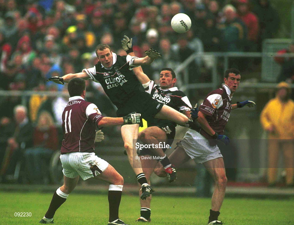 30 June 2002; Tommy Joyce and Joe Bergin of Galway in against Eamonn O' Hara and Padraig Doohan of Sligo during the Bank of Ireland Connacht Senior Football Championship Final match between Galway and Sligo at MacHale Park in Castlebar, Mayo. Photo by David Maher/Sportsfile