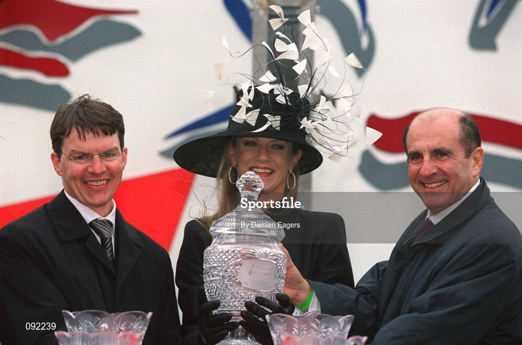 30 June 2002; Trainer Aidan O'Brien with joint owners Sue Magnier and Michael Tabor, right, celebrate after sending out High Chaparral to win the Budweiser Irish Derby at The Curragh Racecourse in Kildare. Photo by Damien Eagers/Sportsfile