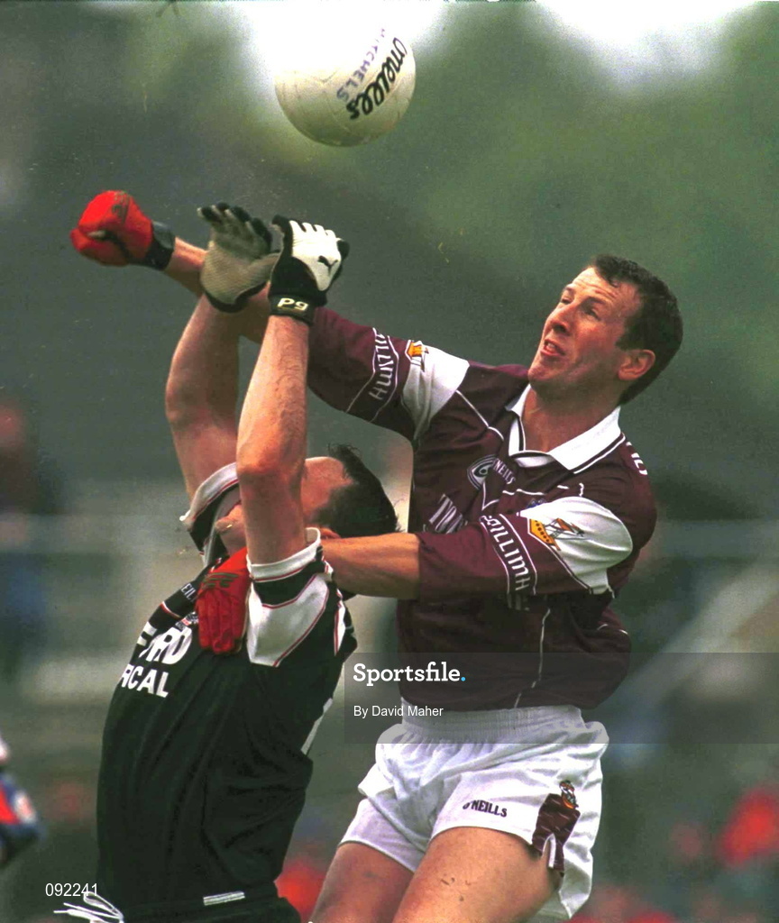 30 June 2002; Gary Fahey of Galway in against Dessie Sloyan of Sligo during the Bank of Ireland Connacht Senior Football Championship Final match between Galway and Sligo at MacHale Park in Castlebar, Mayo. Photo by David Maher/Sportsfile