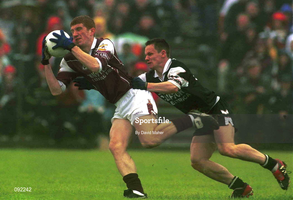 30 June 2002; Kieran Fitzgerald of Galway in against Gerry McGowan of Sligo during the Bank of Ireland Connacht Senior Football Championship Final match between Galway and Sligo at MacHale Park in Castlebar, Mayo. Photo by David Maher/Sportsfile