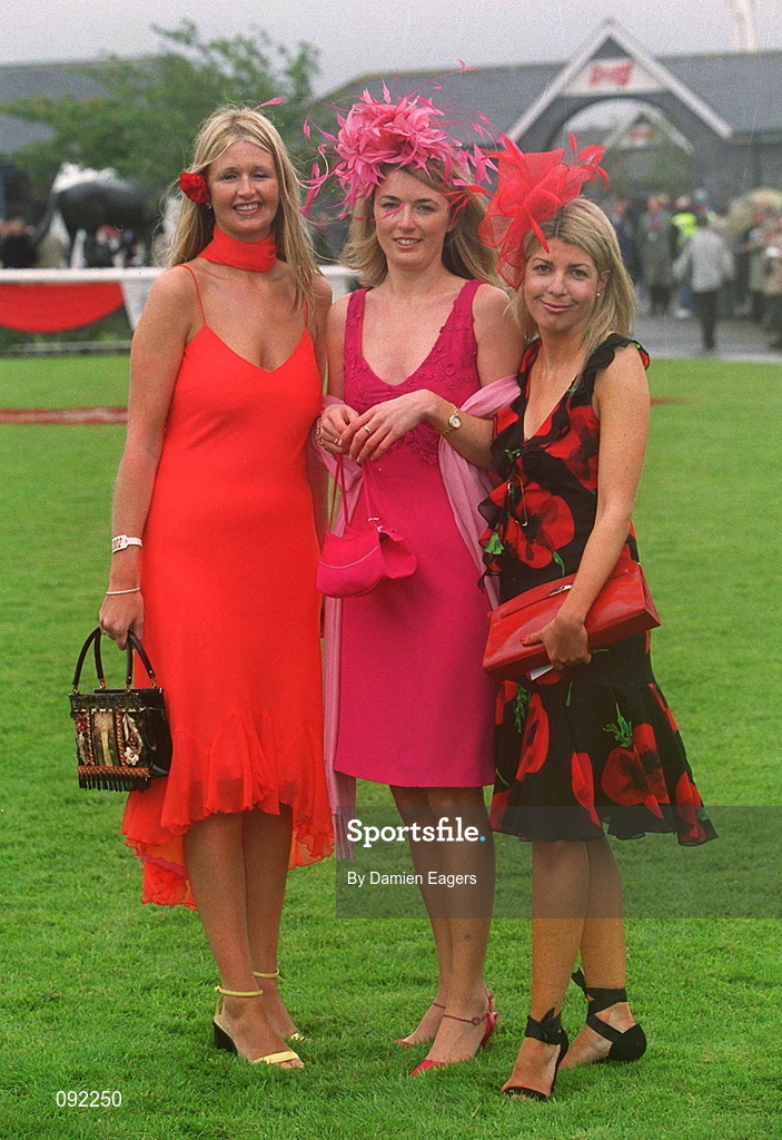 30 June 2002; Racegoers Michelle Clifford, from Cork, centre, Winner of The Best Dressed Lady competition, with second place Tara O'Leary, from Cork, right, and third place Chanell McCarthy, from Dublin, at The Curragh Racecourse in Kildare. Photo by Damien Eagers/Sportsfile