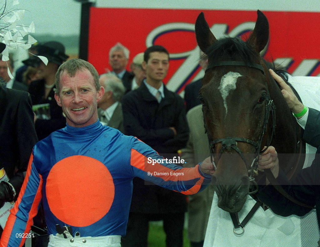 30 June 2002; Jockey Mick Kinane and High Chaparral after winning the Budweiser Irish Derby at The Curragh Racecourse in Kildare. Photo by Damien Eagers/Sportsfile