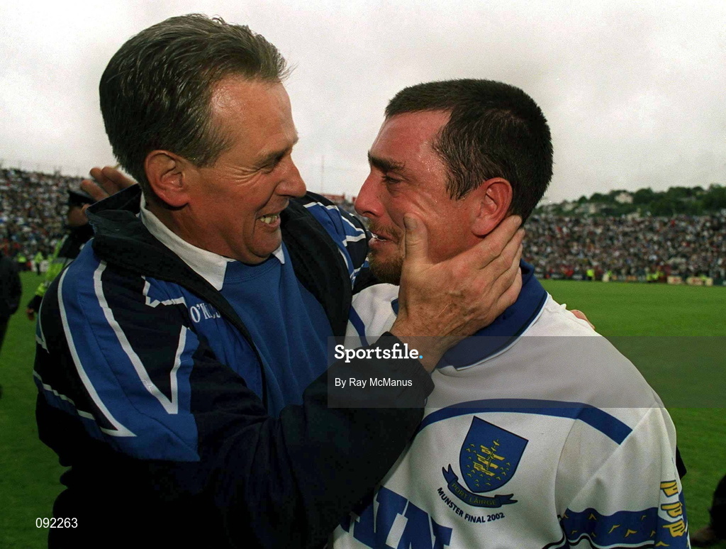 30 June 2002; Waterford manager Justin McCarthy celebrates with Brian Green following their side's victory during the Guinness Munster Senior Hurling Championship Final match between Waterford and Tipperary at Páirc Uí Chaoimh in Cork. Photo by Ray McManus/Sportsfile