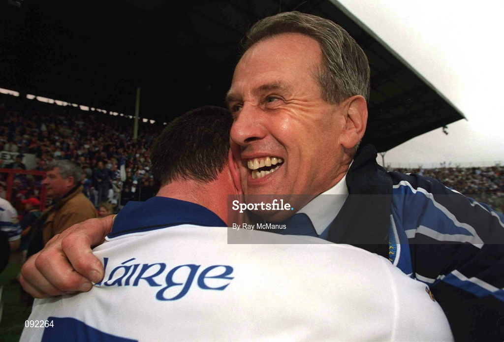 30 June 2002; Waterford manager Justin McCarthy celebrates with Brian Green following their side's victory during the Guinness Munster Senior Hurling Championship Final match between Waterford and Tipperary at Páirc U’ Chaoimh in Cork. Photo by Ray McManus/Sportsfile