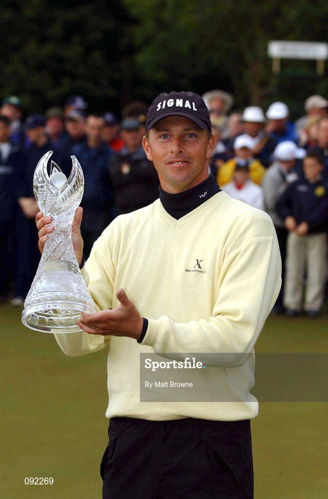 30 June 2002; Soren Hansen of Denmark with the trophy after winning the Murphy's Irish Open during day four of the Murphy's Irish Open at Fota Island Resort Golf Club in Cork. Photo by Matt Browne/Sportsfile