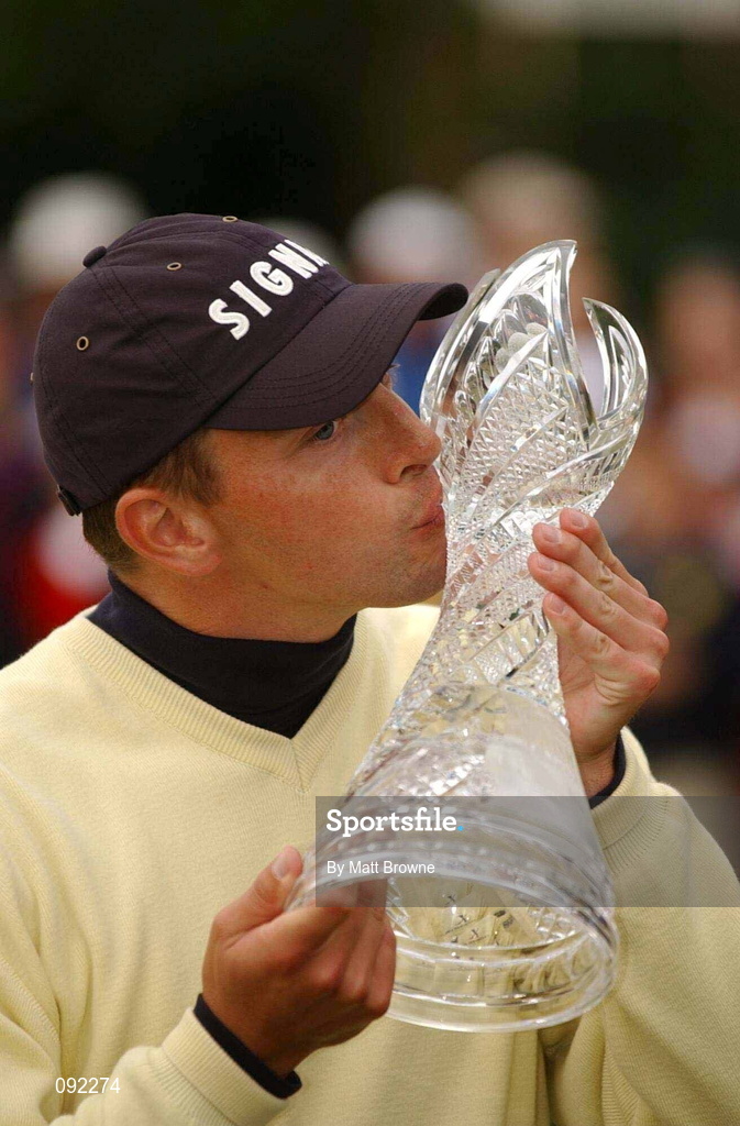 30 June 2002; Soren Hansen of Denmark with the trophy after winning the Murphy's Irish Open during day four of the Murphy's Irish Open at Fota Island Resort Golf Club in Cork. Photo by Matt Browne/Sportsfile