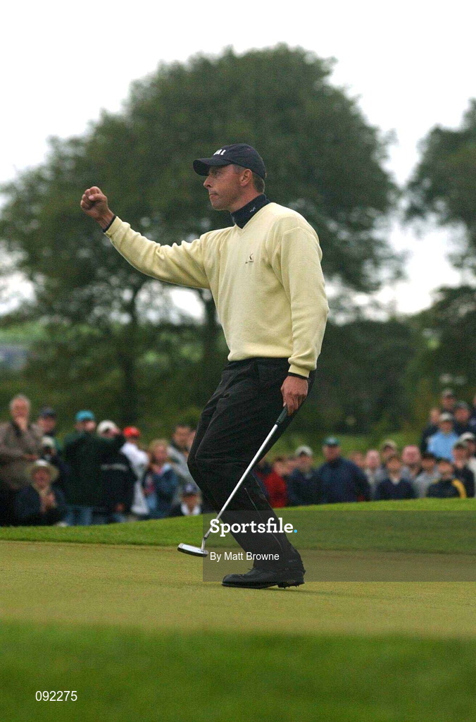 30 June 2002; Soren Hansen of Denmark celebrates after winning the Murphy's Irish Open on the 4th playoff hole during day four of the Murphy's Irish Open at Fota Island Resort Golf Club in Cork. Photo by Matt Browne/Sportsfile