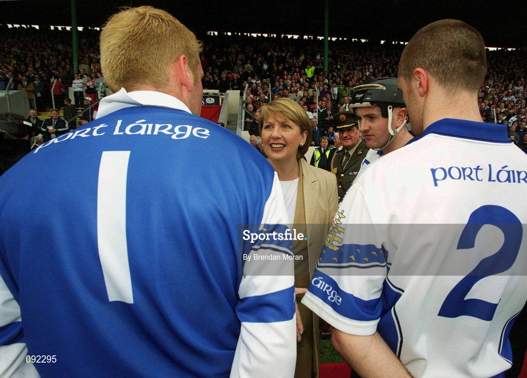 30 June 2002; President Mary McAleese is introduced to Waterford players Stephen Brenner, left, and James Murray, right, by team captain Fergal Hartley, behind, during the Guinness Munster Senior Hurling Championship Final match between Waterford and Tipperary at Páirc Uí Chaoimh in Cork. Photo by Brendan Moran/Sportsfile
