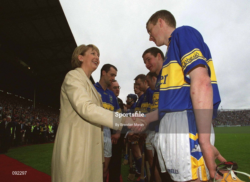 30 June 2002; President Mary McAleese is introduced to Tipperary's Lar Corbett during the Guinness Munster Senior Hurling Championship Final match between Waterford and Tipperary at Páirc Uí Chaoimh in Cork. Photo by Brendan Moran/Sportsfile