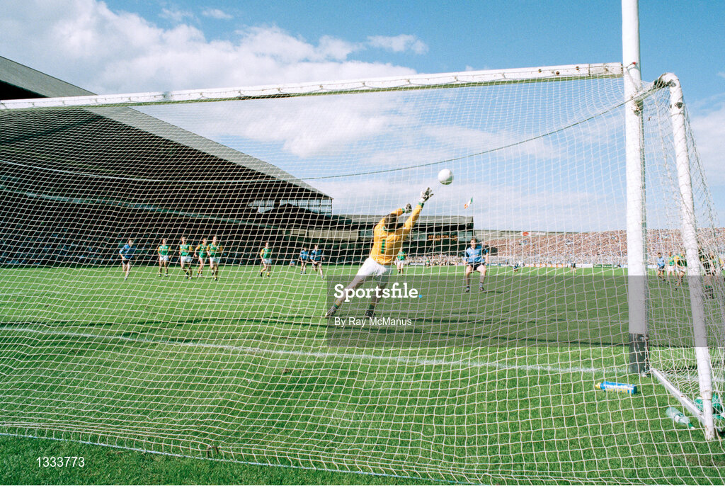 15 June 1997; Paul Bealin of Dublin sees his last minute penalty strike the crossbar after beating Meath goalkeeper Conor Martin during the Leinster Football Championship match between Dublin and Meath at Croke Park in Dublin. Photo by Ray McManus / SPORTSFILE