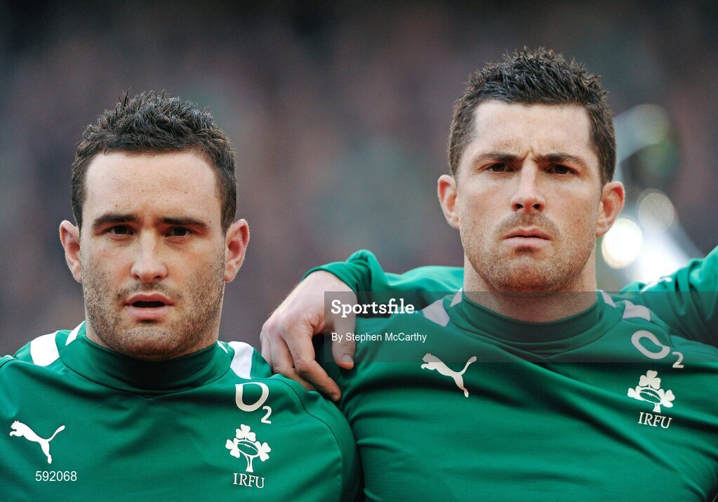 5 February 2012; Brothers David Kearney, left, and Rob Kearney, right, Ireland, during the National Anthem. RBS Six Nations Rugby Championship, Ireland v Wales, Aviva Stadium, Lansdowne Road, Dublin. Picture credit: Stephen McCarthy / SPORTSFILE