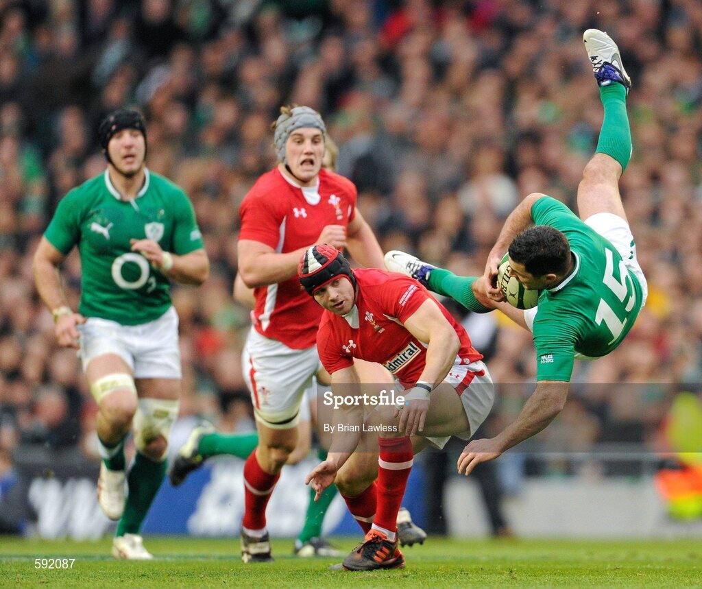 5 February 2012; Rob Kearney, Ireland, in action against Leigh Halfpenny, Wales. RBS Six Nations Rugby Championship, Ireland v Wales, Aviva Stadium, Lansdowne Road, Dublin. Picture credit: Brian Lawless / SPORTSFILE