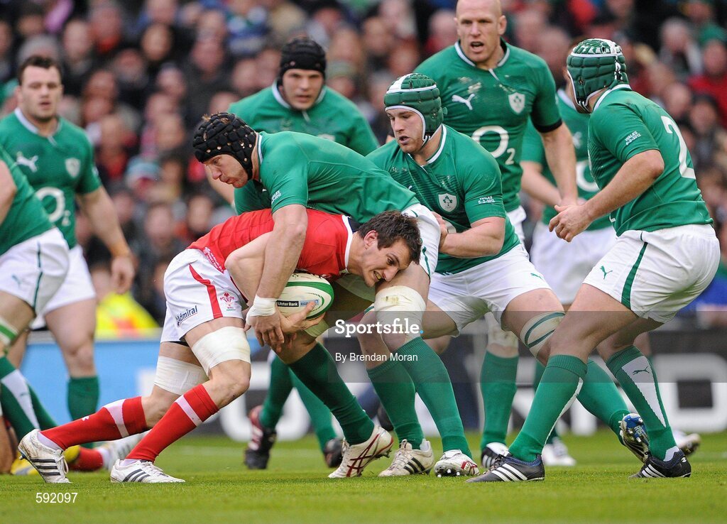 5 February 2012; Sam Warburton, Wales, is tackled by Stephen Ferris and Sean O'Brien, Ireland. RBS Six Nations Rugby Championship, Ireland v Wales, Aviva Stadium, Lansdowne Road, Dublin. Picture credit: Brendan Moran / SPORTSFILE