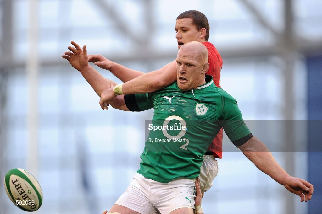 5 February 2012; Paul O'Connell, Ireland, and Ian Evans, Wales, contest a lineout. RBS Six Nations Rugby Championship, Ireland v Wales, Aviva Stadium, Lansdowne Road, Dublin. Picture credit: Brendan Moran / SPORTSFILE