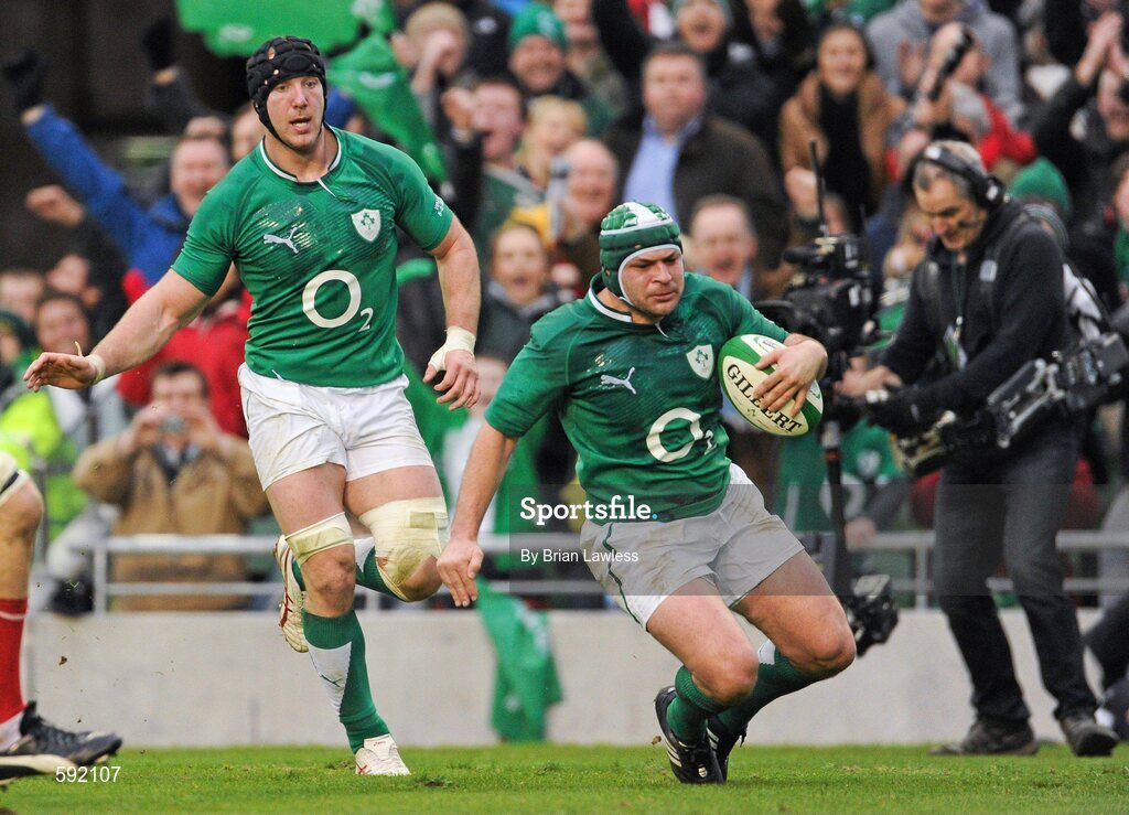 5 February 2012; Rory Best, Ireland, supported by team mate Stephen Ferris, goes over to score his side's first try. RBS Six Nations Rugby Championship, Ireland v Wales, Aviva Stadium, Lansdowne Road, Dublin. Picture credit: Brian Lawless / SPORTSFILE