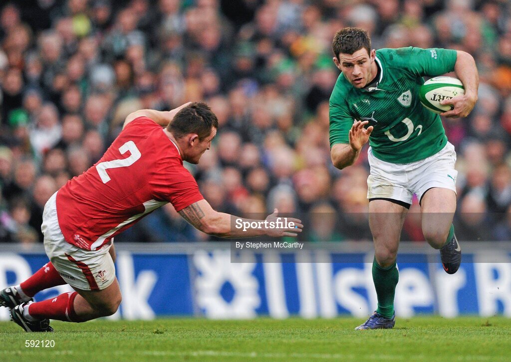 5 February 2012; Fergus McFadden, Ireland, is tackled by Huw Bennett, Wales. RBS Six Nations Rugby Championship, Ireland v Wales, Aviva Stadium, Lansdowne Road, Dublin. Picture credit: Stephen McCarthy / SPORTSFILE
