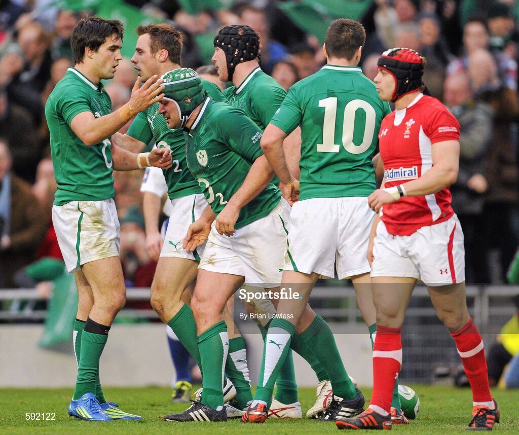 5 February 2012; Rory Best, Ireland, is congratulated by team mates, from left, Conor Murray, Tommy Bowe, Stephen Ferris and Jonathan Sexton, after scoring his side's first try. RBS Six Nations Rugby Championship, Ireland v Wales, Aviva Stadium, Lansdowne Road, Dublin. Picture credit: Brian Lawless / SPORTSFILE